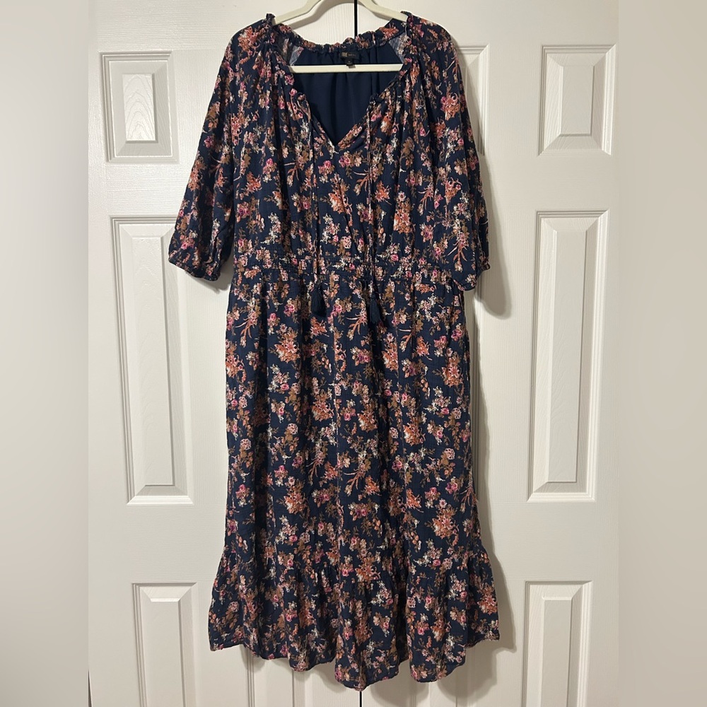 Frye Navy Blue Floral Midi Dress 1X Plus Size Tassel Tie Pocket Flowy